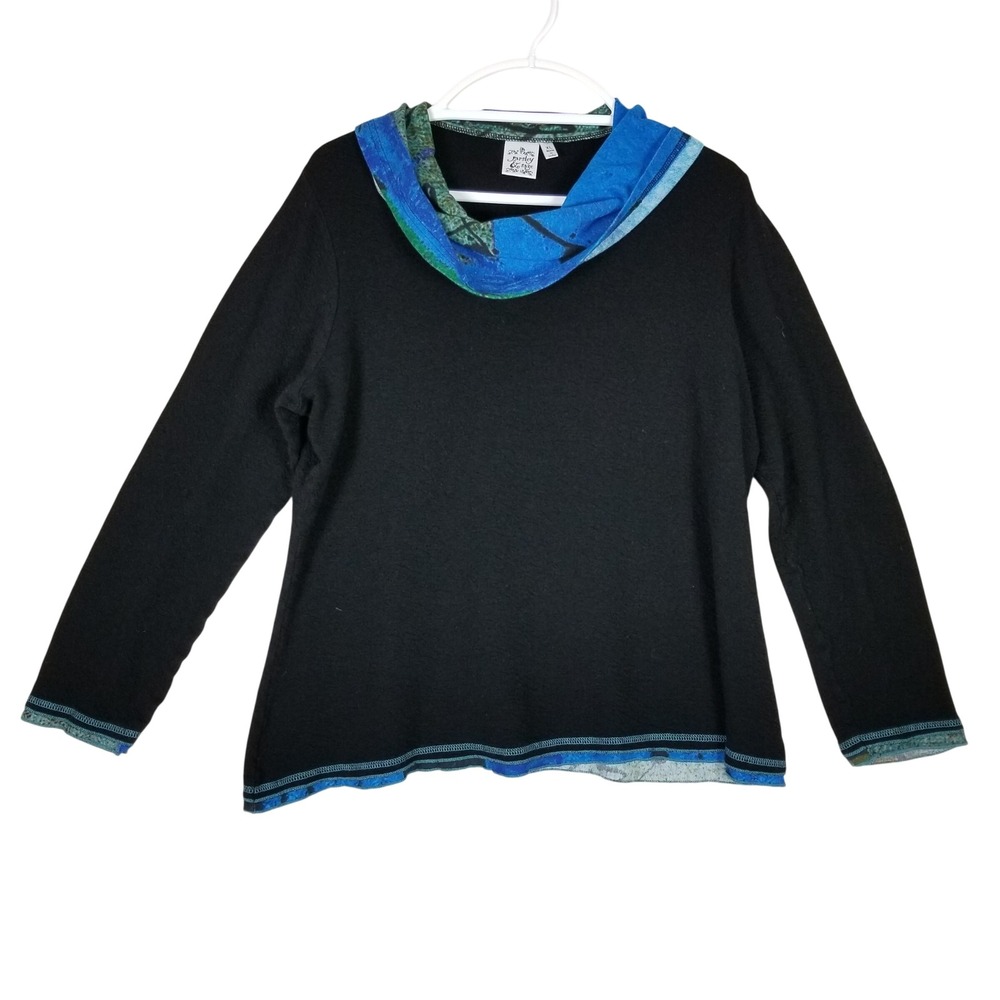 Parsley & Sage Cowl Neck Top Womens XL Black Blue Green Abstract Trim Lagenlook